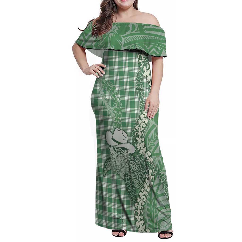 Green Hawaii Palaka Cowboy Turtle Family Matching Off Shoulder Maxi Dress and Hawaiian Shirt Hawaiian Paniolo Puakenikeni Maile Lei - Polynesian Pride