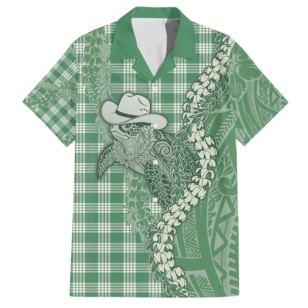 Green Hawaii Palaka Cowboy Turtle Family Matching Puletasi and Hawaiian Shirt Hawaiian Paniolo Puakenikeni Maile Lei - Polynesian Pride