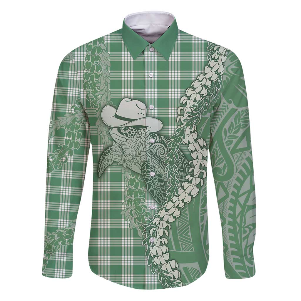 Green Hawaii Palaka Cowboy Turtle Family Matching Puletasi and Hawaiian Shirt Hawaiian Paniolo Puakenikeni Maile Lei - Polynesian Pride