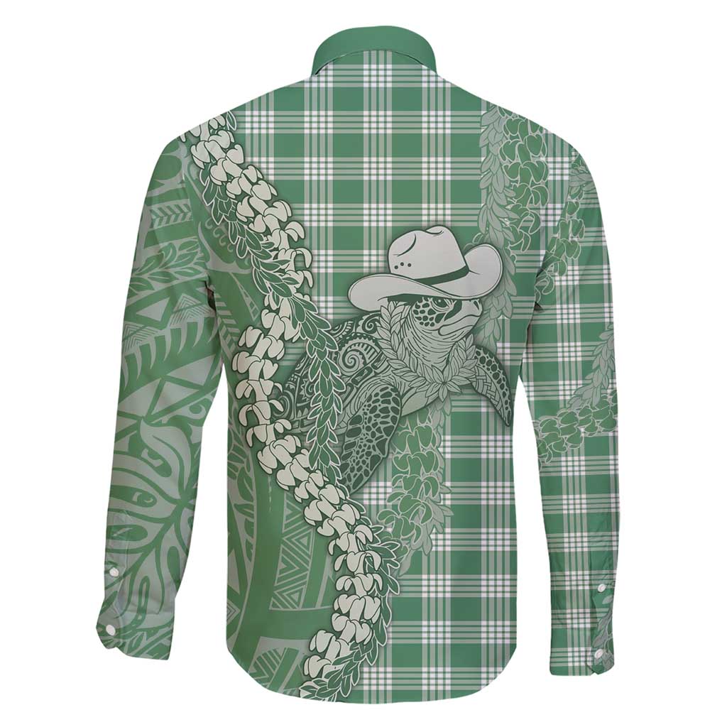 Green Hawaii Palaka Cowboy Turtle Family Matching Short Sleeve Bodycon Dress and Hawaiian Shirt Hawaiian Paniolo Puakenikeni Maile Lei - Polynesian Pride