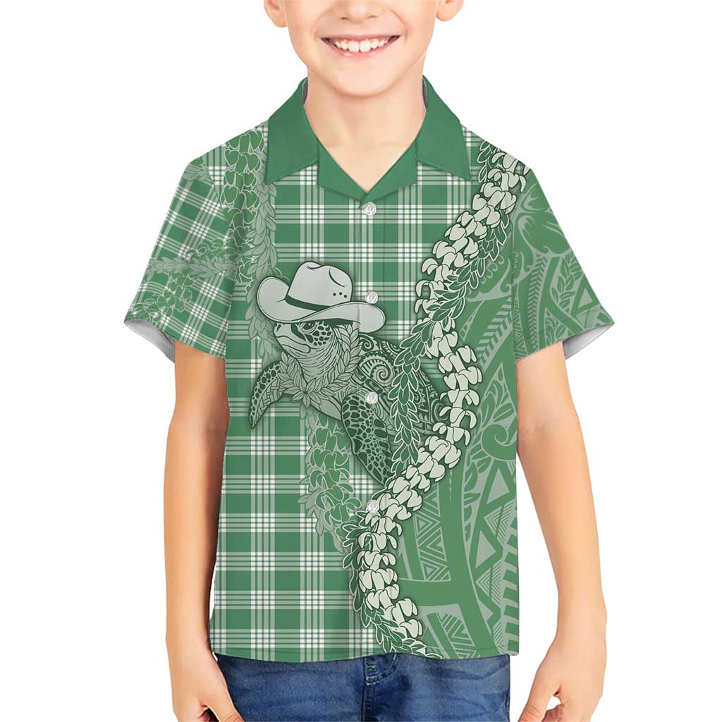 Green Hawaii Palaka Cowboy Turtle Family Matching Short Sleeve Bodycon Dress and Hawaiian Shirt Hawaiian Paniolo Puakenikeni Maile Lei - Polynesian Pride