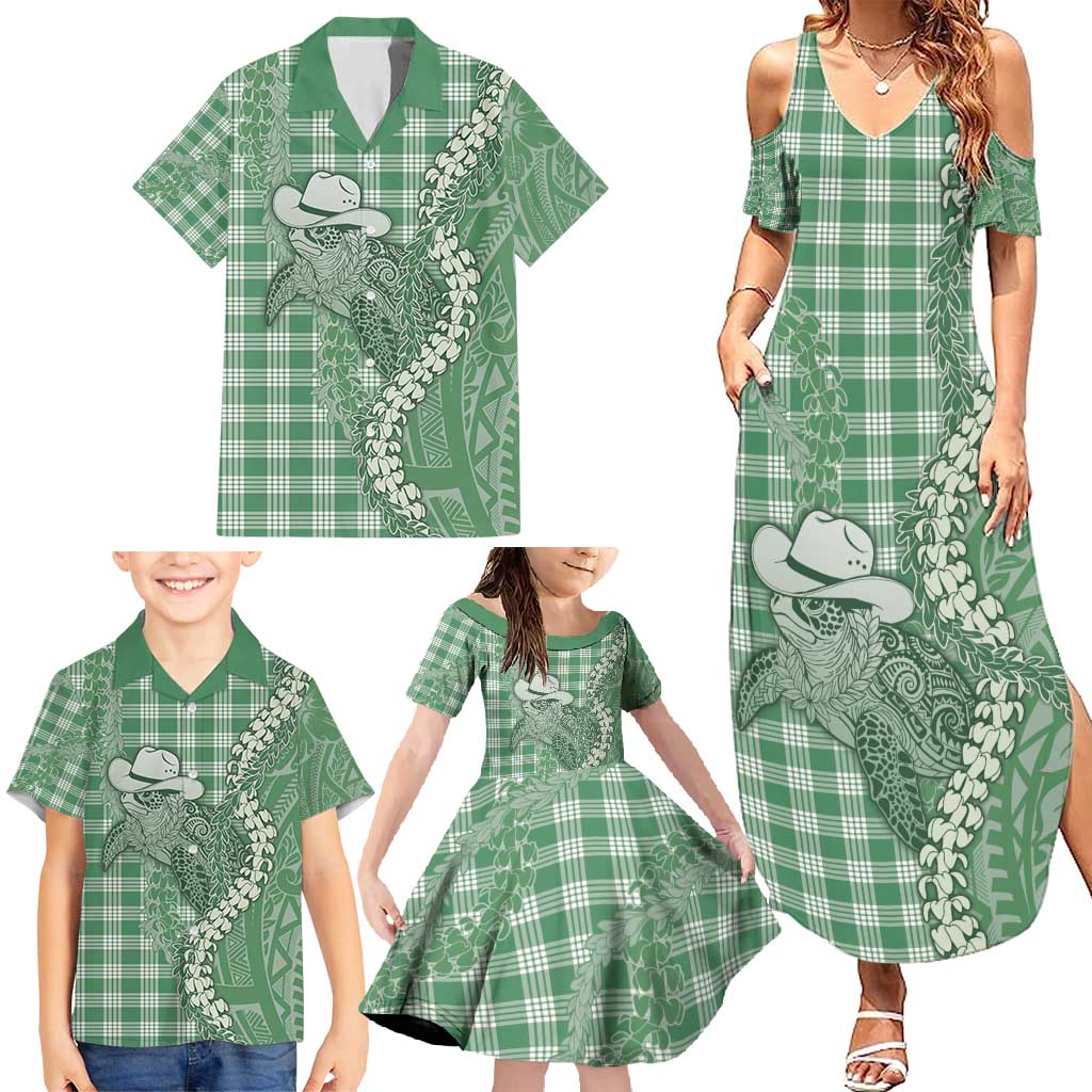 Green Hawaii Palaka Cowboy Turtle Family Matching Summer Maxi Dress and Hawaiian Shirt Hawaiian Paniolo Puakenikeni Maile Lei - Polynesian Pride