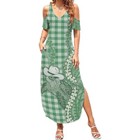 Green Hawaii Palaka Cowboy Turtle Family Matching Summer Maxi Dress and Hawaiian Shirt Hawaiian Paniolo Puakenikeni Maile Lei - Polynesian Pride