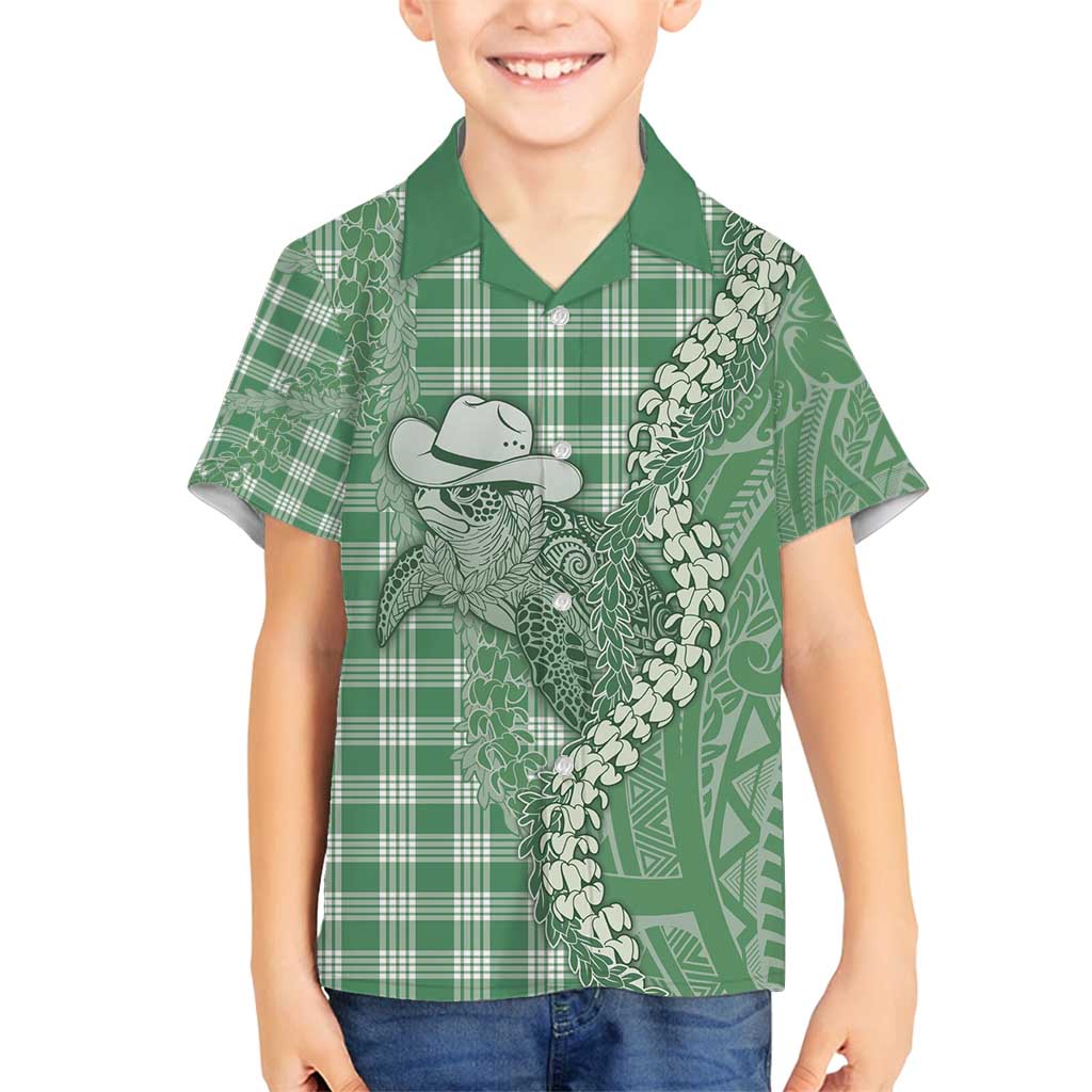 Green Hawaii Palaka Cowboy Turtle Family Matching Summer Maxi Dress and Hawaiian Shirt Hawaiian Paniolo Puakenikeni Maile Lei - Polynesian Pride