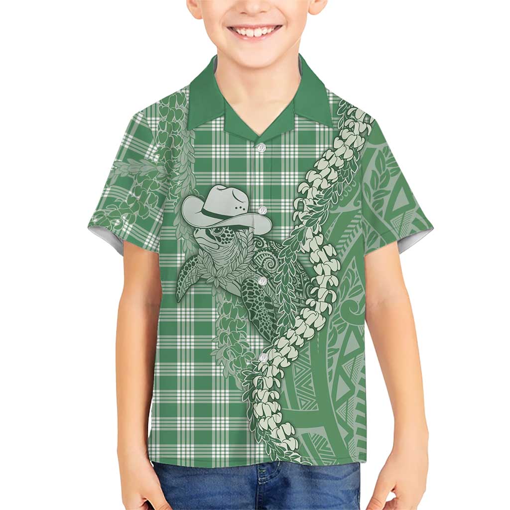 Green Hawaii Palaka Cowboy Turtle Kid Hawaiian Shirt Hawaiian Paniolo Puakenikeni Maile Lei DT05 Kid Green - Polynesian Pride