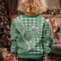 Green Hawaii Palaka Cowboy Turtle Kid Ugly Christmas Sweater Hawaiian Paniolo Puakenikeni Maile Lei - Polynesian Pride