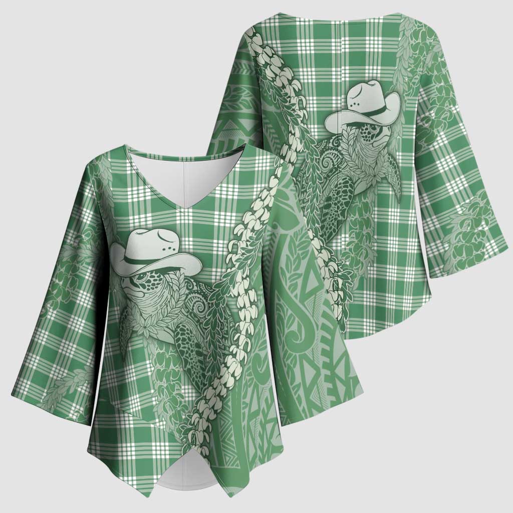 Green Hawaii Palaka Cowboy Turtle Kimono Sleeve Blouse Hawaiian Paniolo Puakenikeni Maile Lei - Polynesian Pride