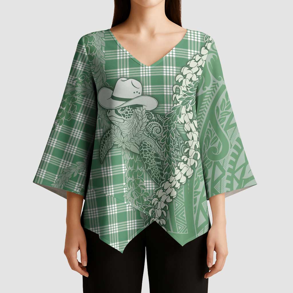 Green Hawaii Palaka Cowboy Turtle Kimono Sleeve Blouse Hawaiian Paniolo Puakenikeni Maile Lei - Polynesian Pride