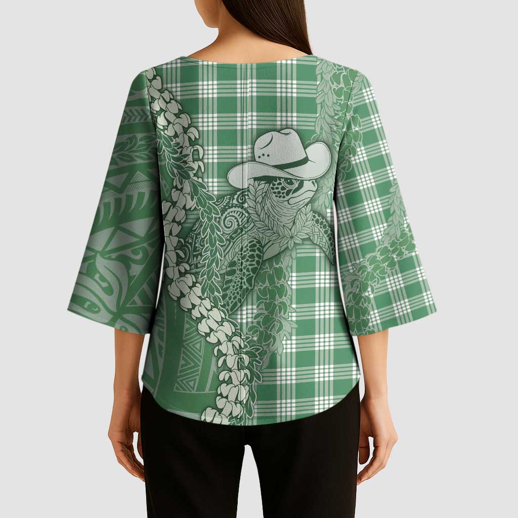 Green Hawaii Palaka Cowboy Turtle Kimono Sleeve Blouse Hawaiian Paniolo Puakenikeni Maile Lei - Polynesian Pride