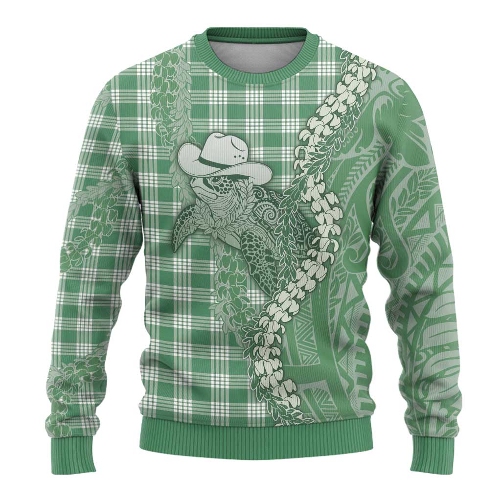 Green Hawaii Palaka Cowboy Turtle Ugly Christmas Sweater Hawaiian Paniolo Puakenikeni Maile Lei - Polynesian Pride