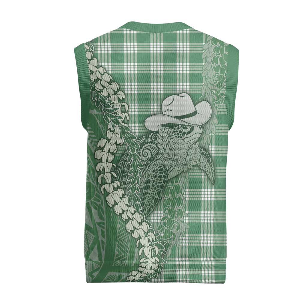 Green Hawaii Palaka Cowboy Turtle Christmas Knitted V-Neck Vest Hawaiian Paniolo Puakenikeni Maile Lei - Polynesian Pride