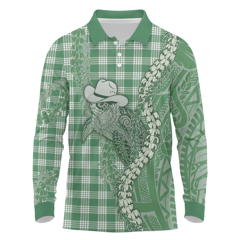 Green Hawaii Palaka Cowboy Turtle Long Sleeve Polo Shirt Hawaiian Paniolo Puakenikeni Maile Lei - Polynesian Pride