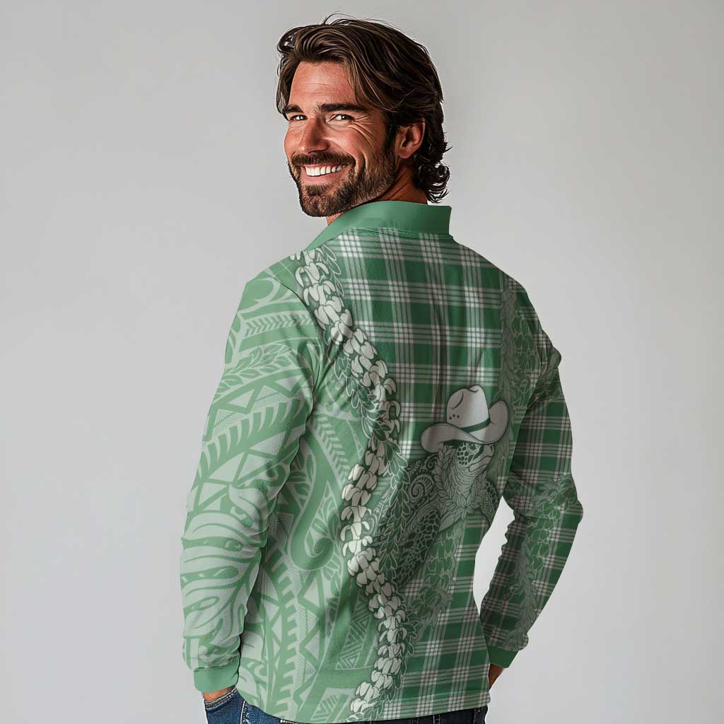Green Hawaii Palaka Cowboy Turtle Long Sleeve Polo Shirt Hawaiian Paniolo Puakenikeni Maile Lei - Polynesian Pride