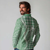 Green Hawaii Palaka Cowboy Turtle Long Sleeve Polo Shirt Hawaiian Paniolo Puakenikeni Maile Lei - Polynesian Pride