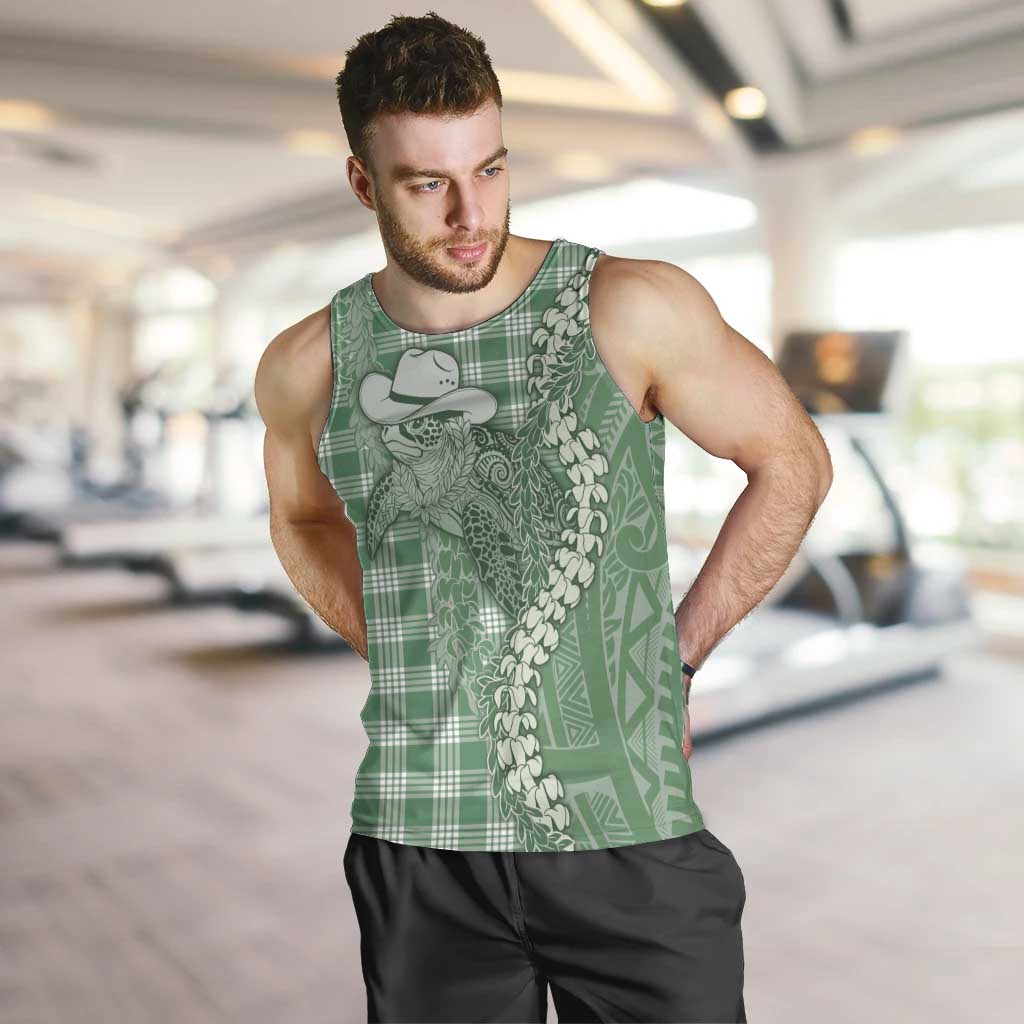 Green Hawaii Palaka Cowboy Turtle Men Tank Top Hawaiian Paniolo Puakenikeni Maile Lei - Polynesian Pride
