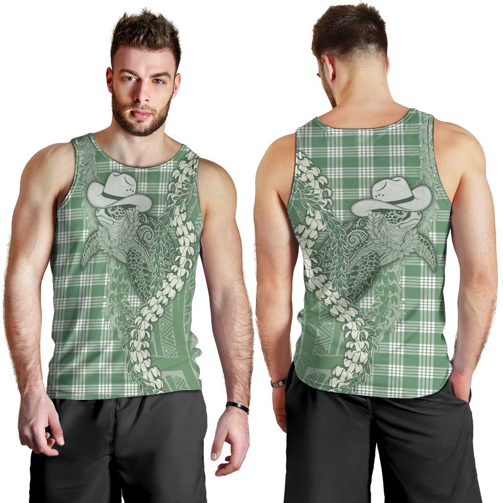 Green Hawaii Palaka Cowboy Turtle Men Tank Top Hawaiian Paniolo Puakenikeni Maile Lei - Polynesian Pride