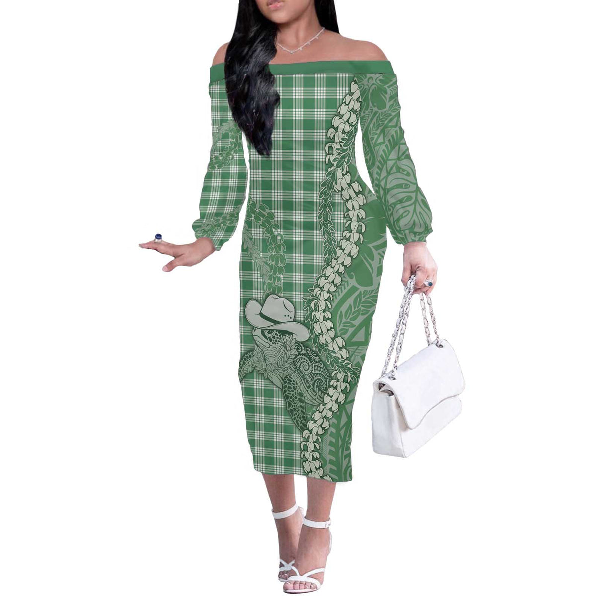 Green Hawaii Palaka Cowboy Turtle Off The Shoulder Long Sleeve Dress Hawaiian Paniolo Puakenikeni Maile Lei - Polynesian Pride