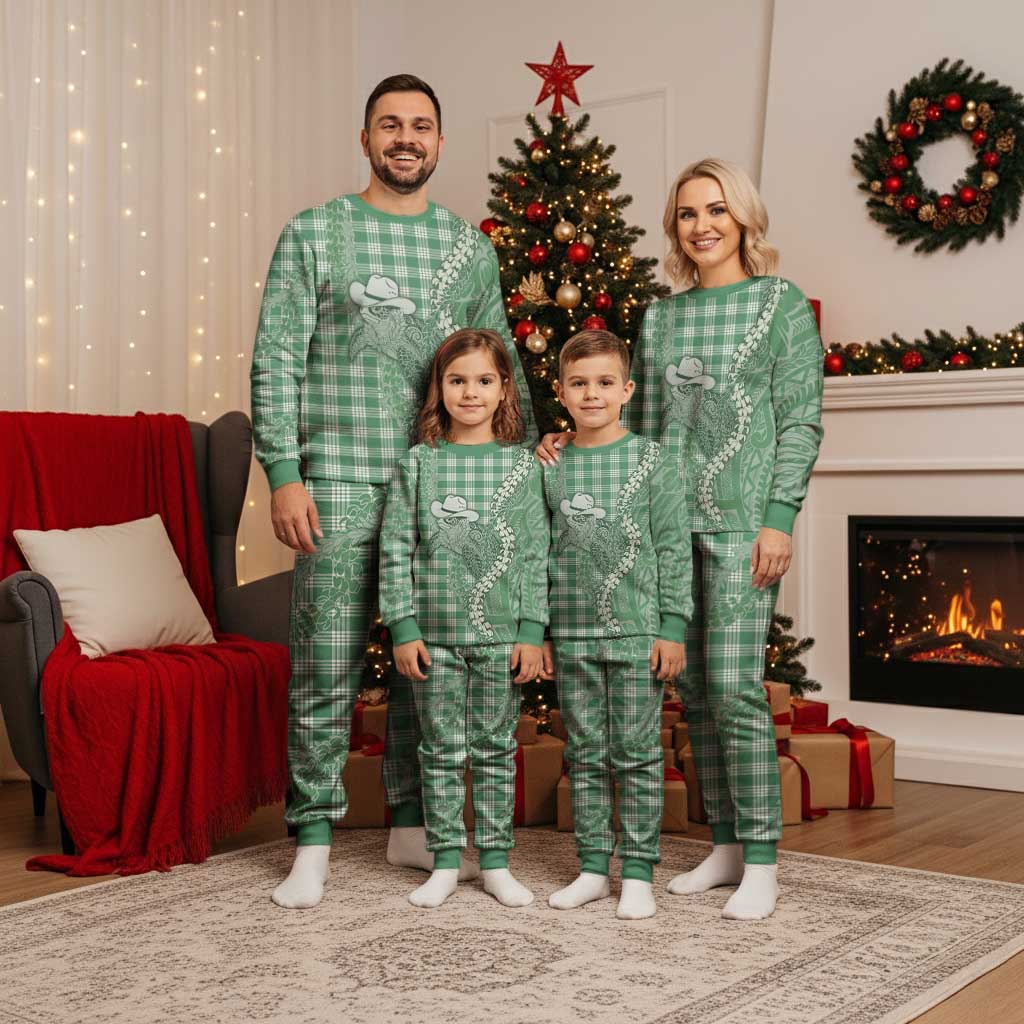 Green Hawaii Palaka Cowboy Turtle Christmas Pajama Set Hawaiian Paniolo Puakenikeni Maile Lei - Polynesian Pride