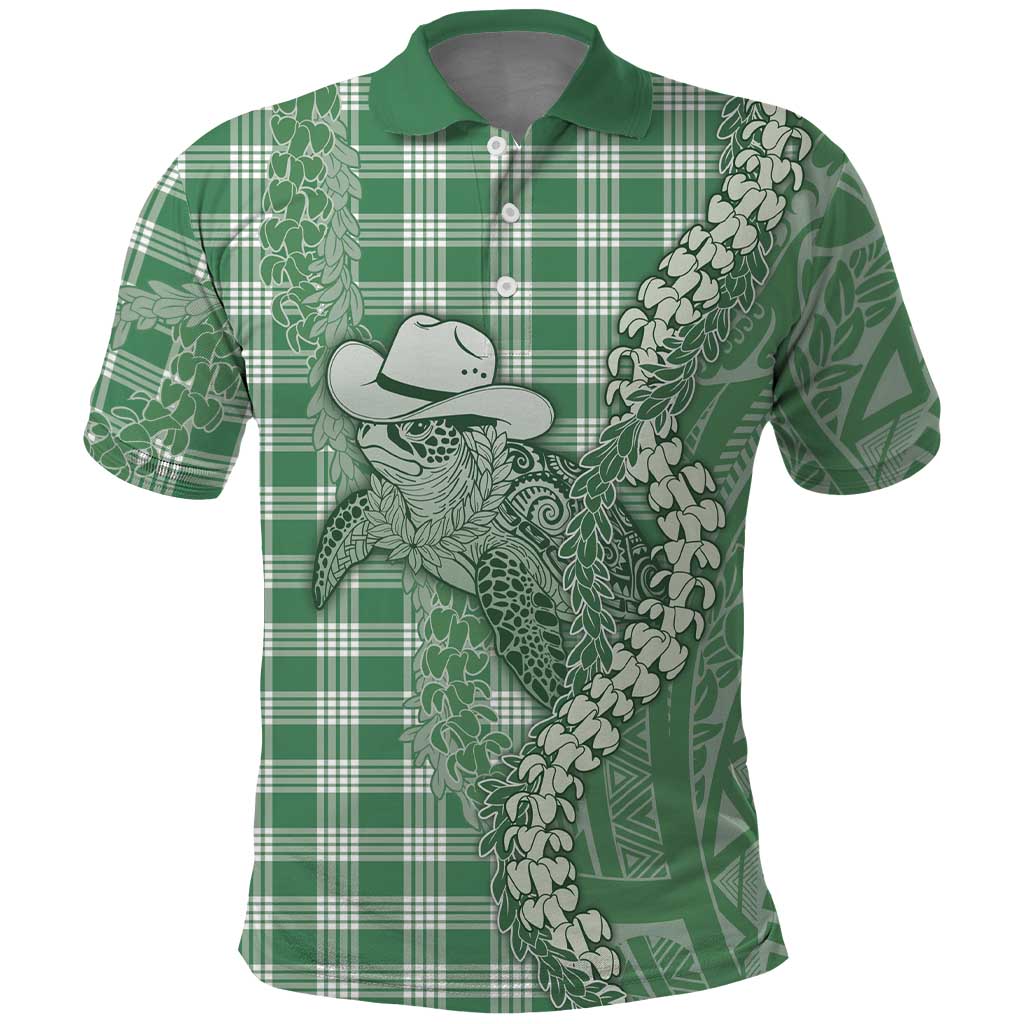Green Hawaii Palaka Cowboy Turtle Polo Shirt Hawaiian Paniolo Puakenikeni Maile Lei - Polynesian Pride