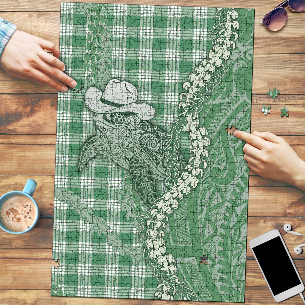 Green Hawaii Palaka Cowboy Turtle Puzzle Hawaiian Paniolo Puakenikeni Maile Lei - Polynesian Pride