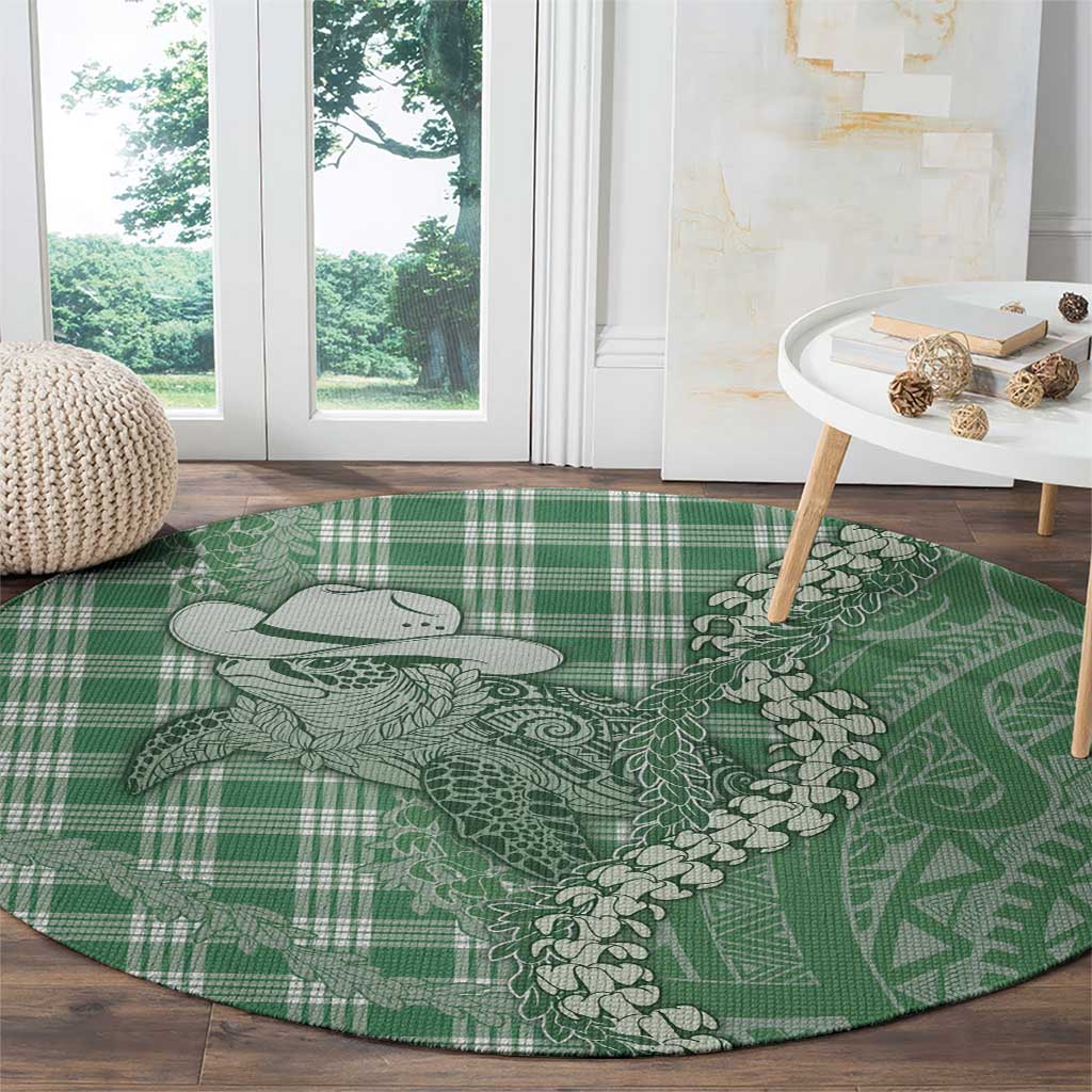 Green Hawaii Palaka Cowboy Turtle Round Carpet Hawaiian Paniolo Puakenikeni Maile Lei - Polynesian Pride