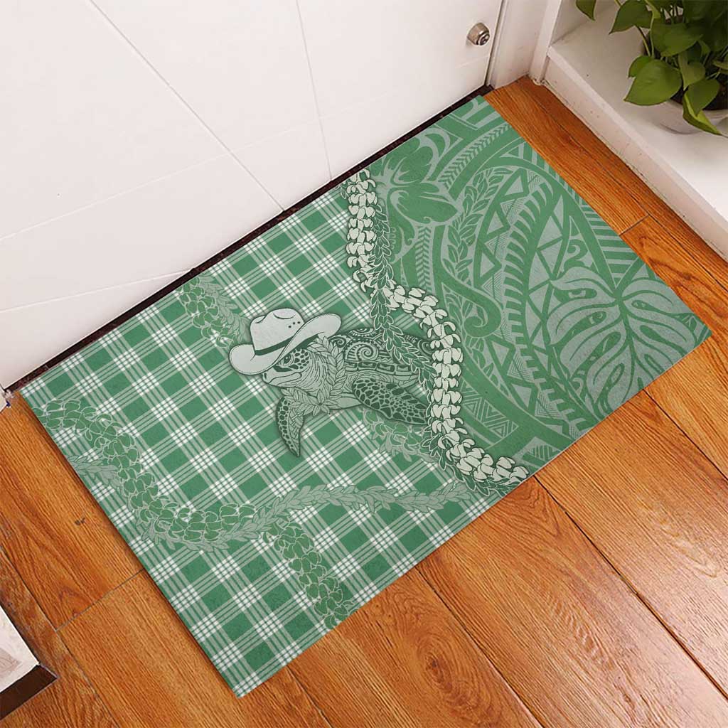 Green Hawaii Palaka Cowboy Turtle Rubber Doormat Hawaiian Paniolo Puakenikeni Maile Lei - Polynesian Pride