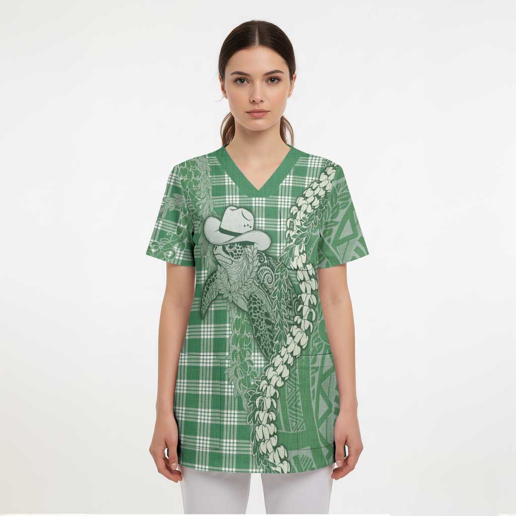 Green Hawaii Palaka Cowboy Turtle Scrub Top Hawaiian Paniolo Puakenikeni Maile Lei - Polynesian Pride