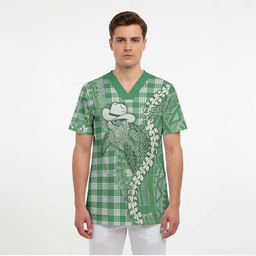 Green Hawaii Palaka Cowboy Turtle Scrub Top Hawaiian Paniolo Puakenikeni Maile Lei - Polynesian Pride
