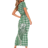 Green Hawaii Palaka Cowboy Turtle Short Sleeve Bodycon Dress Hawaiian Paniolo Puakenikeni Maile Lei - Polynesian Pride
