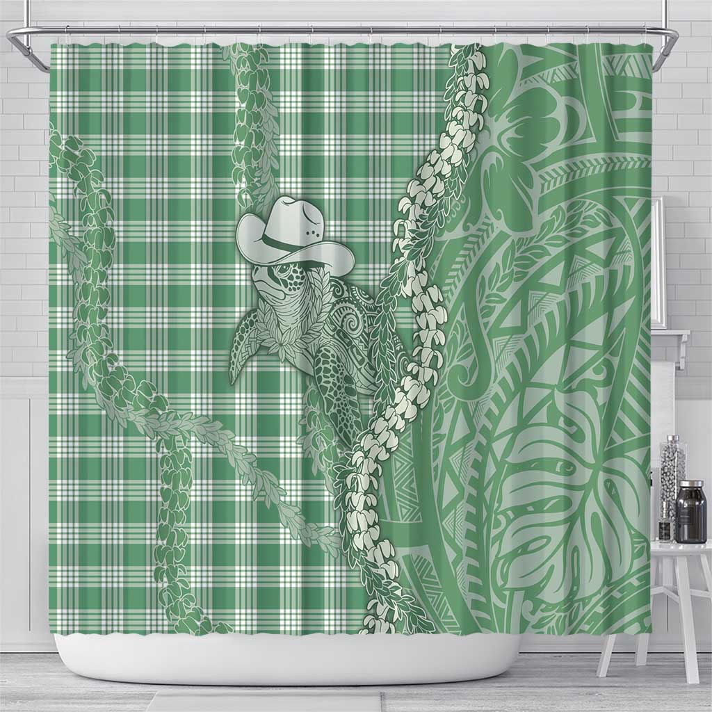 Green Hawaii Palaka Cowboy Turtle Shower Curtain Hawaiian Paniolo Puakenikeni Maile Lei - Polynesian Pride