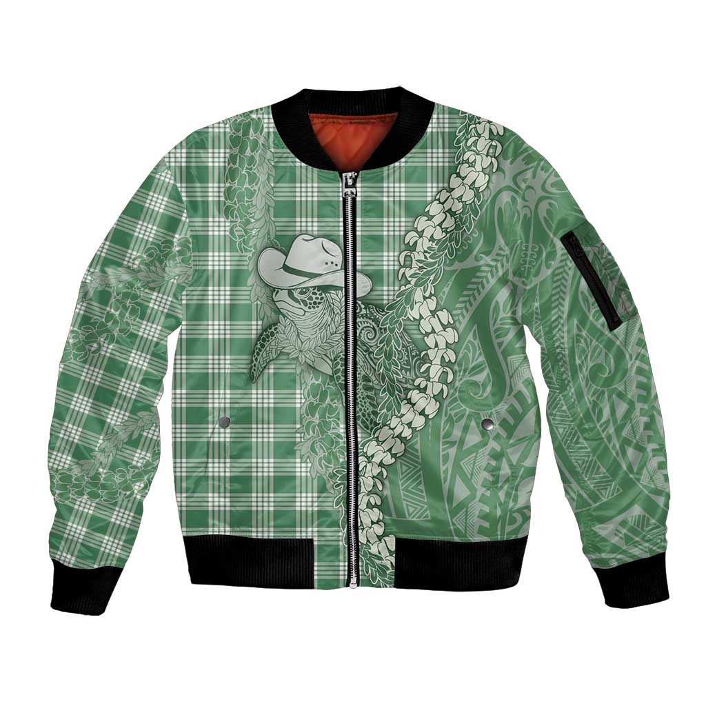 Green Hawaii Palaka Cowboy Turtle Sleeve Zip Bomber Jacket Hawaiian Paniolo Puakenikeni Maile Lei - Polynesian Pride