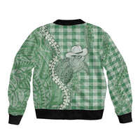 Green Hawaii Palaka Cowboy Turtle Sleeve Zip Bomber Jacket Hawaiian Paniolo Puakenikeni Maile Lei - Polynesian Pride