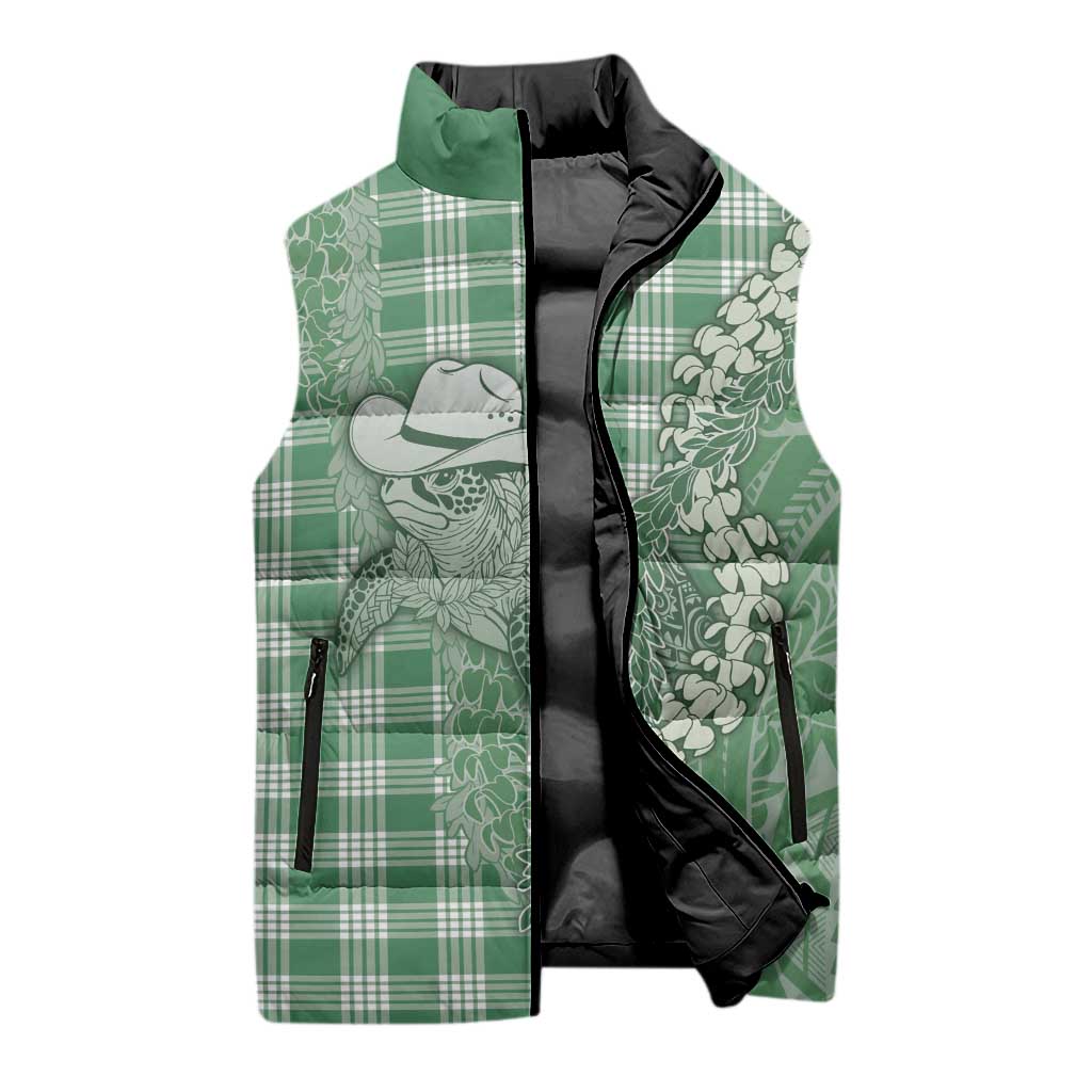 Green Hawaii Palaka Cowboy Turtle Sleeveless Puffer Jacket Hawaiian Paniolo Puakenikeni Maile Lei - Polynesian Pride
