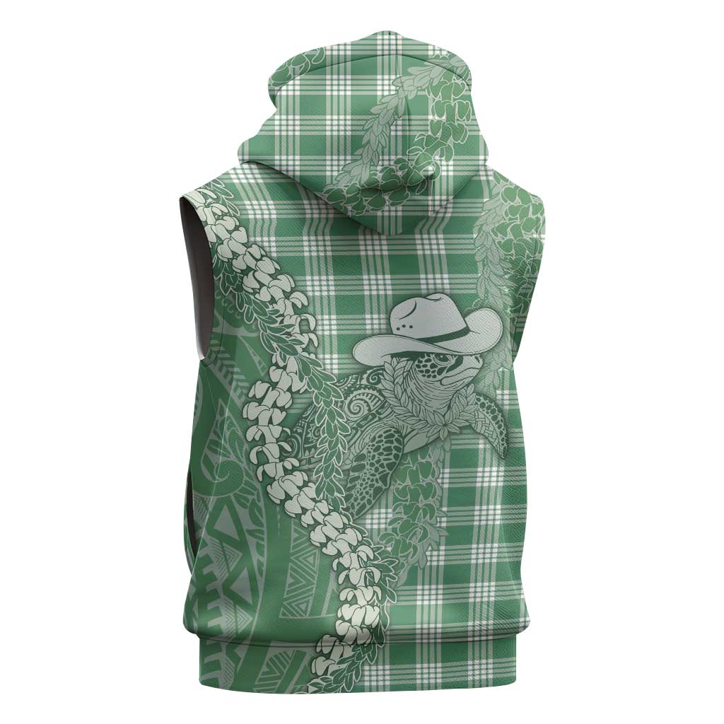 Green Hawaii Palaka Cowboy Turtle Sleeveless Zip Hoodie Hawaiian Paniolo Puakenikeni Maile Lei - Polynesian Pride