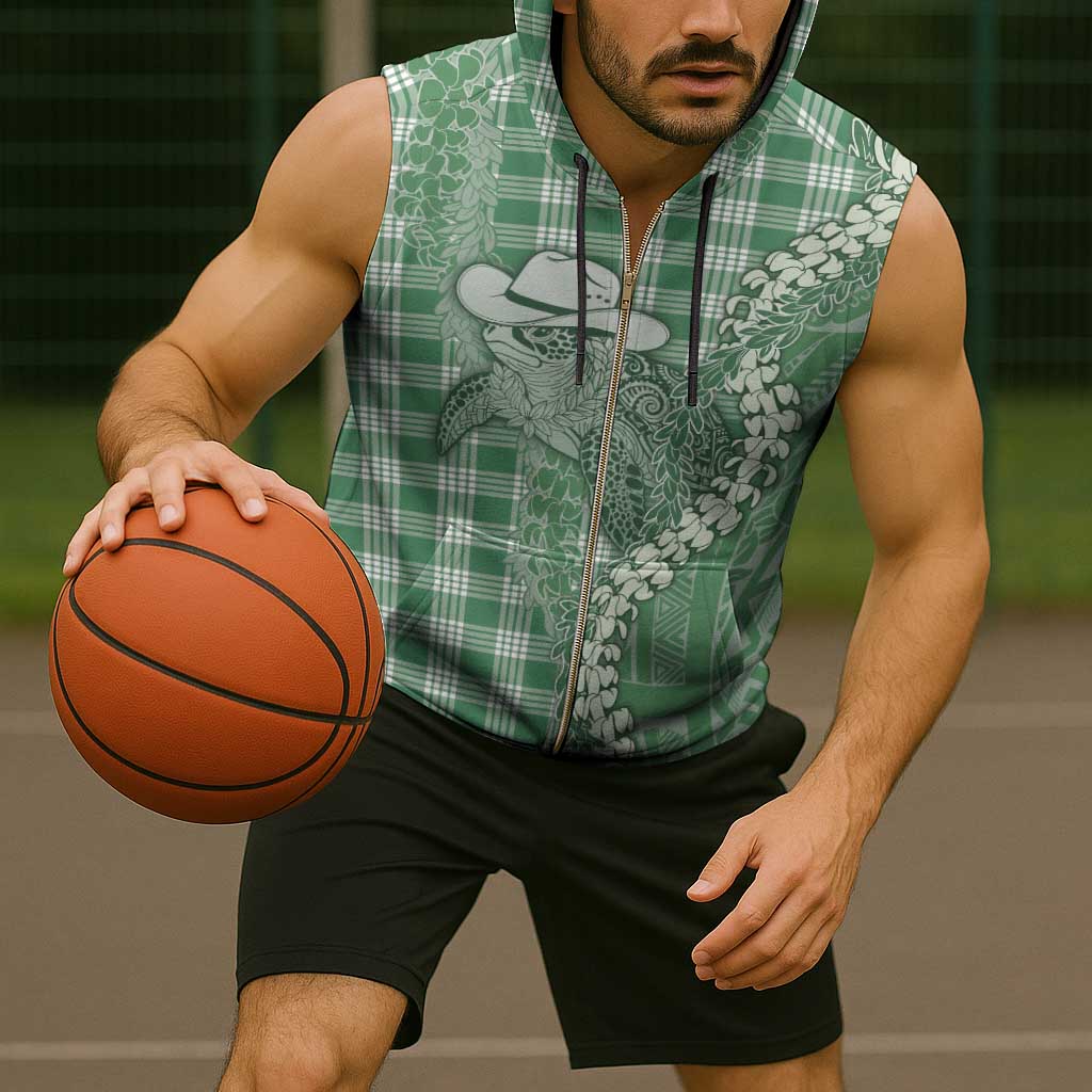 Green Hawaii Palaka Cowboy Turtle Sleeveless Zip Hoodie Hawaiian Paniolo Puakenikeni Maile Lei - Polynesian Pride