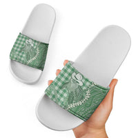 Green Hawaii Palaka Cowboy Turtle Slide Sandals Hawaiian Paniolo Puakenikeni Maile Lei - Polynesian Pride