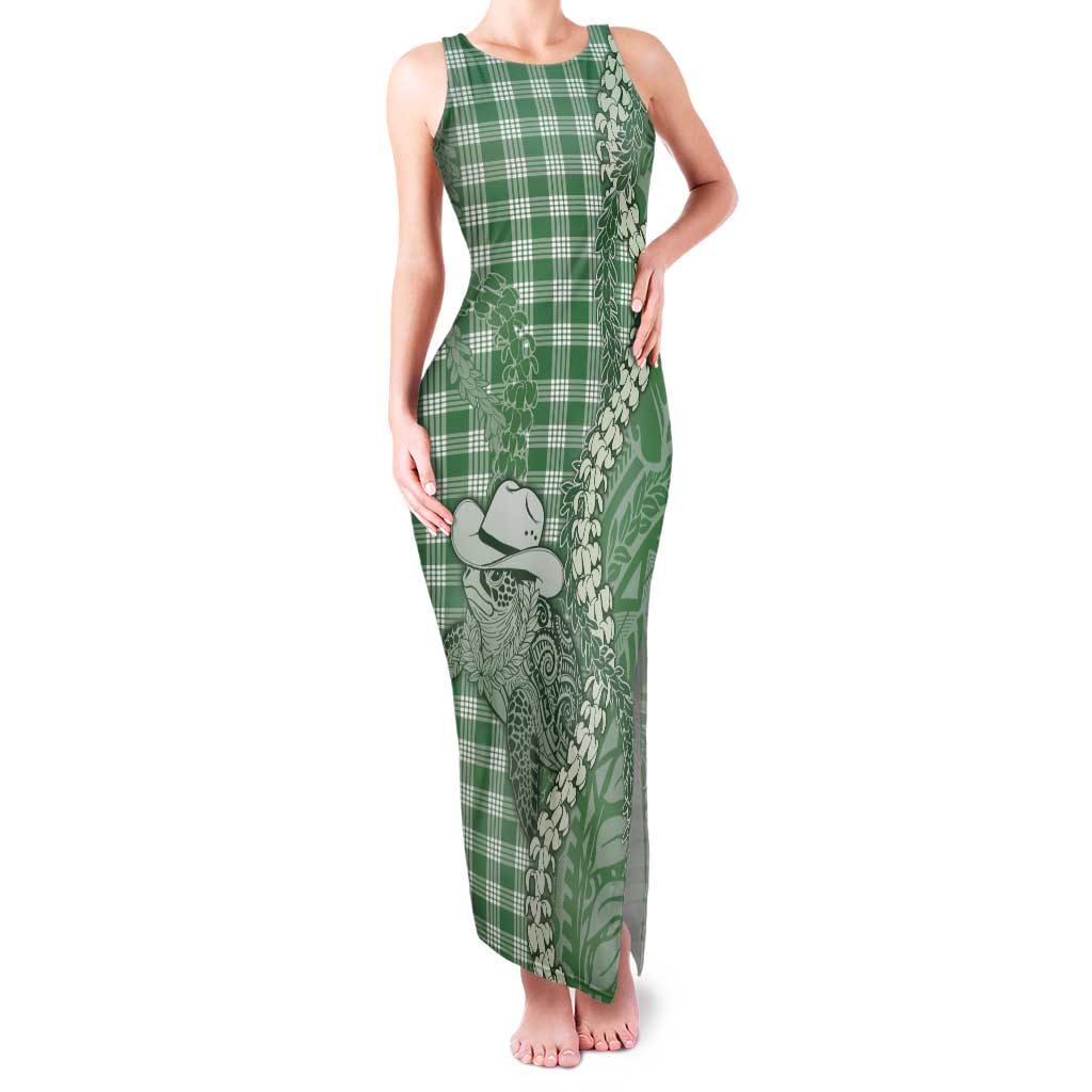 Green Hawaii Palaka Cowboy Turtle Tank Maxi Dress Hawaiian Paniolo Puakenikeni Maile Lei - Polynesian Pride