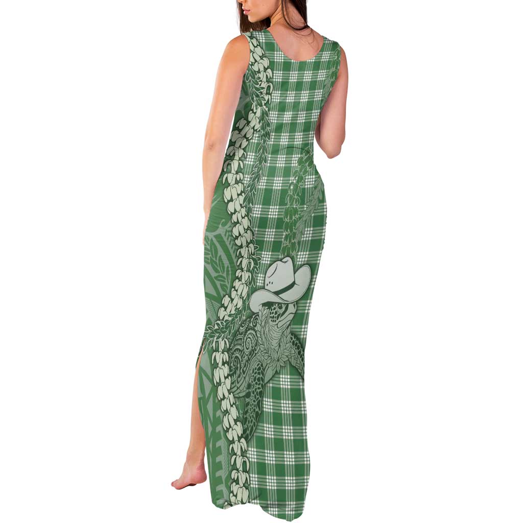 Green Hawaii Palaka Cowboy Turtle Tank Maxi Dress Hawaiian Paniolo Puakenikeni Maile Lei - Polynesian Pride