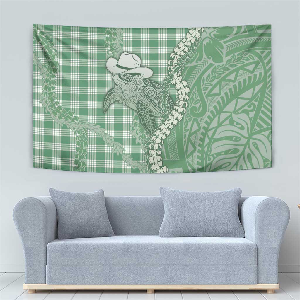 Green Hawaii Palaka Cowboy Turtle Tapestry Hawaiian Paniolo Puakenikeni Maile Lei - Polynesian Pride