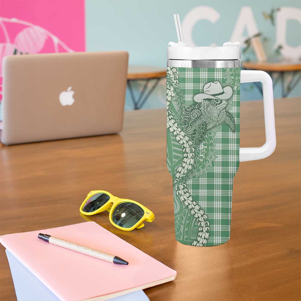 Green Hawaii Palaka Cowboy Turtle Tumbler With Handle Hawaiian Paniolo Puakenikeni Maile Lei - Polynesian Pride