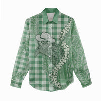 Green Hawaii Palaka Cowboy Turtle Women Casual Shirt Hawaiian Paniolo Puakenikeni Maile Lei - Polynesian Pride