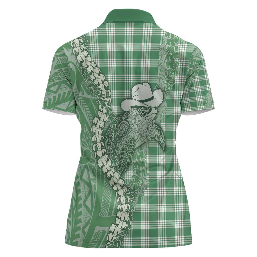 Green Hawaii Palaka Cowboy Turtle Women Polo Shirt Hawaiian Paniolo Puakenikeni Maile Lei - Polynesian Pride