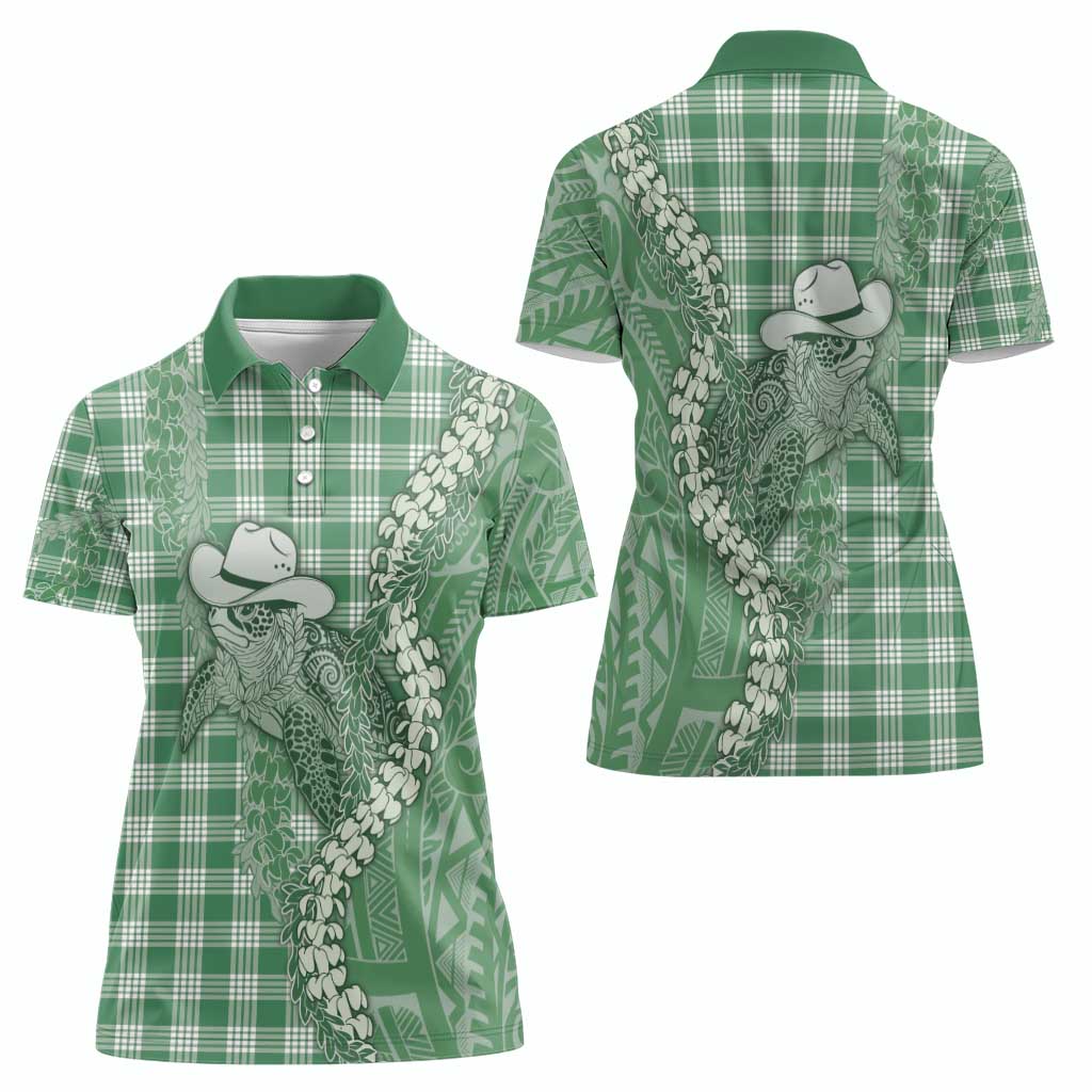 Green Hawaii Palaka Cowboy Turtle Women Polo Shirt Hawaiian Paniolo Puakenikeni Maile Lei - Polynesian Pride