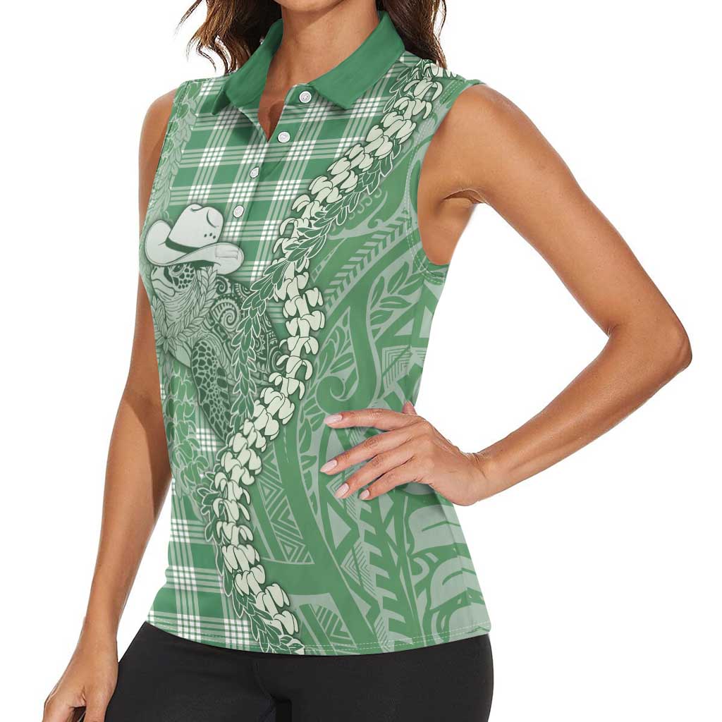 Green Hawaii Palaka Cowboy Turtle Women Sleeveless Polo Shirt Hawaiian Paniolo Puakenikeni Maile Lei - Polynesian Pride