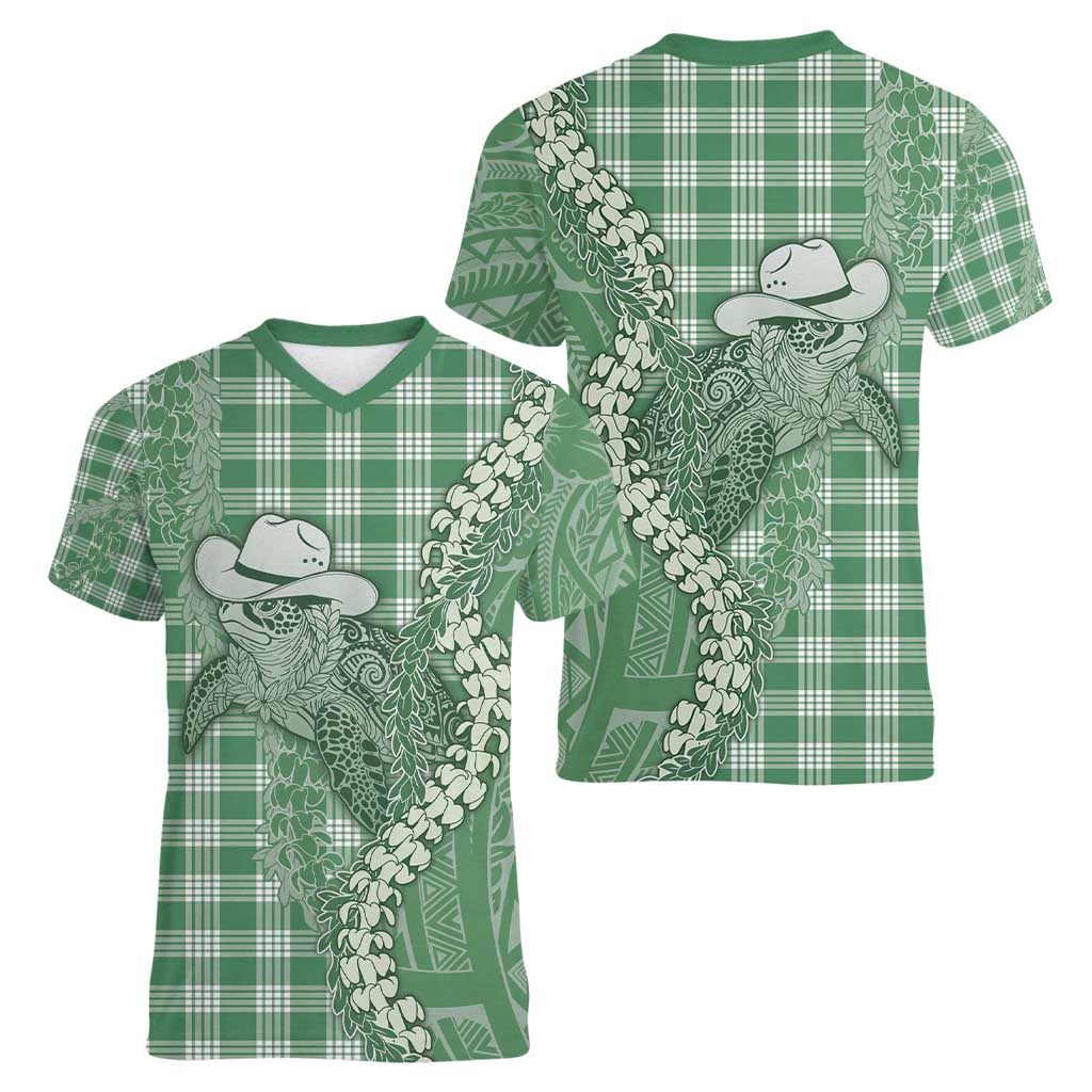 Green Hawaii Palaka Cowboy Turtle Women V-Neck T-Shirt Hawaiian Paniolo Puakenikeni Maile Lei - Polynesian Pride