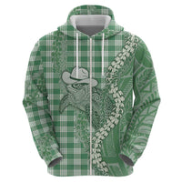Green Hawaii Palaka Cowboy Turtle Zip Hoodie Hawaiian Paniolo Puakenikeni Maile Lei - Polynesian Pride