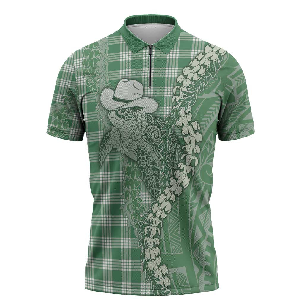 Green Hawaii Palaka Cowboy Turtle Zipper Polo Shirt Hawaiian Paniolo Puakenikeni Maile Lei - Polynesian Pride