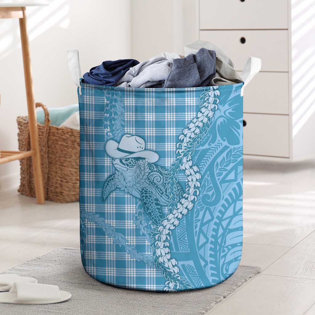 Blue Hawaii Palaka Cowboy Turtle Laundry Basket Hawaiian Paniolo Puakenikeni Maile Lei DT05 Blue - Polynesian Pride