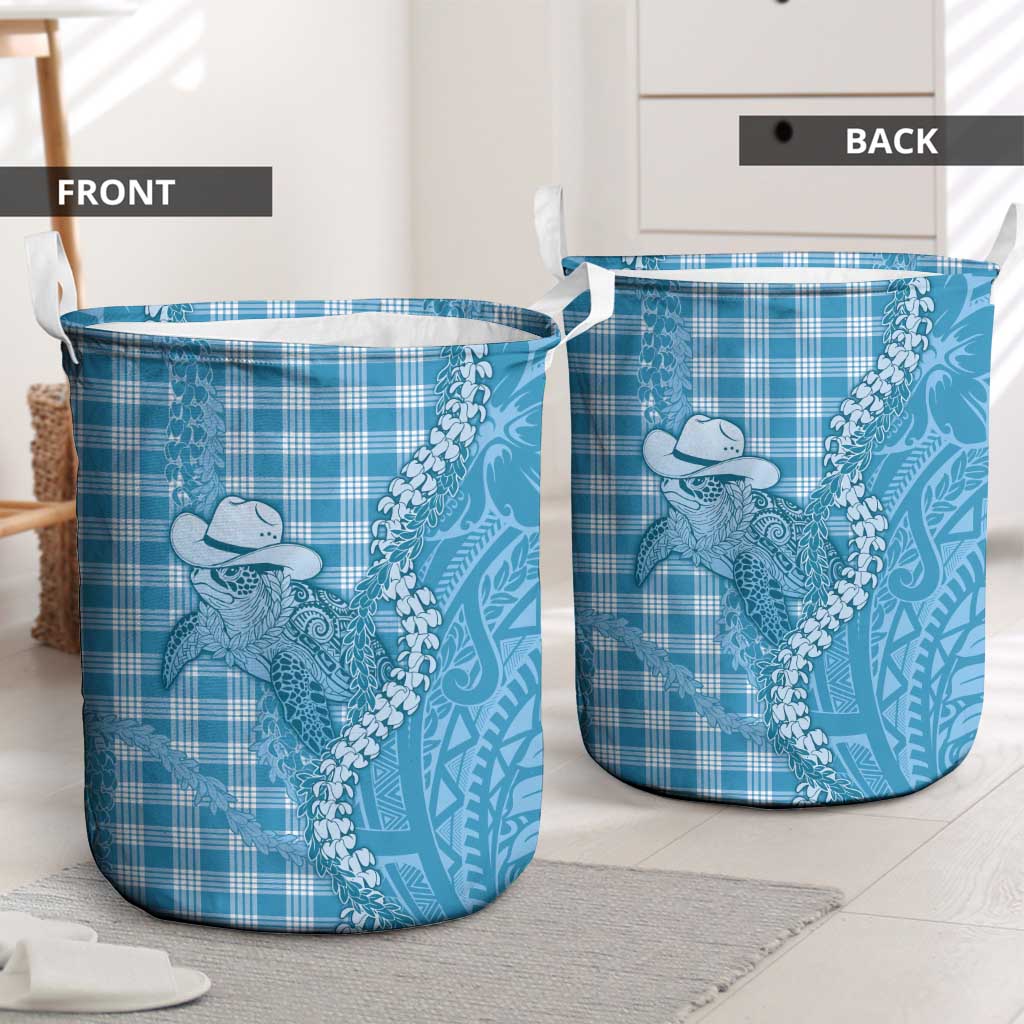 Blue Hawaii Palaka Cowboy Turtle Laundry Basket Hawaiian Paniolo Puakenikeni Maile Lei - Polynesian Pride
