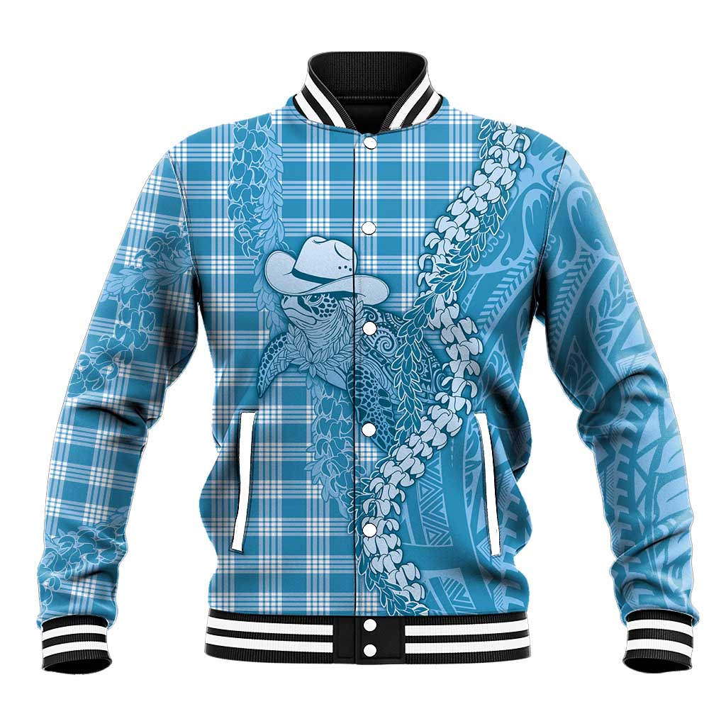 Blue Hawaii Palaka Cowboy Turtle Baseball Jacket Hawaiian Paniolo Puakenikeni Maile Lei DT05 Unisex Blue - Polynesian Pride